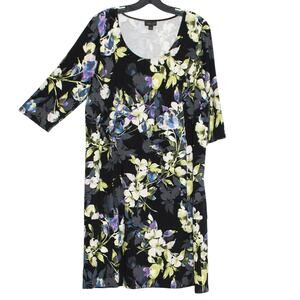 J Jill Dress 3/4 Sleeve Dark Floral Boho Cottage Casual Romantic Black Medium